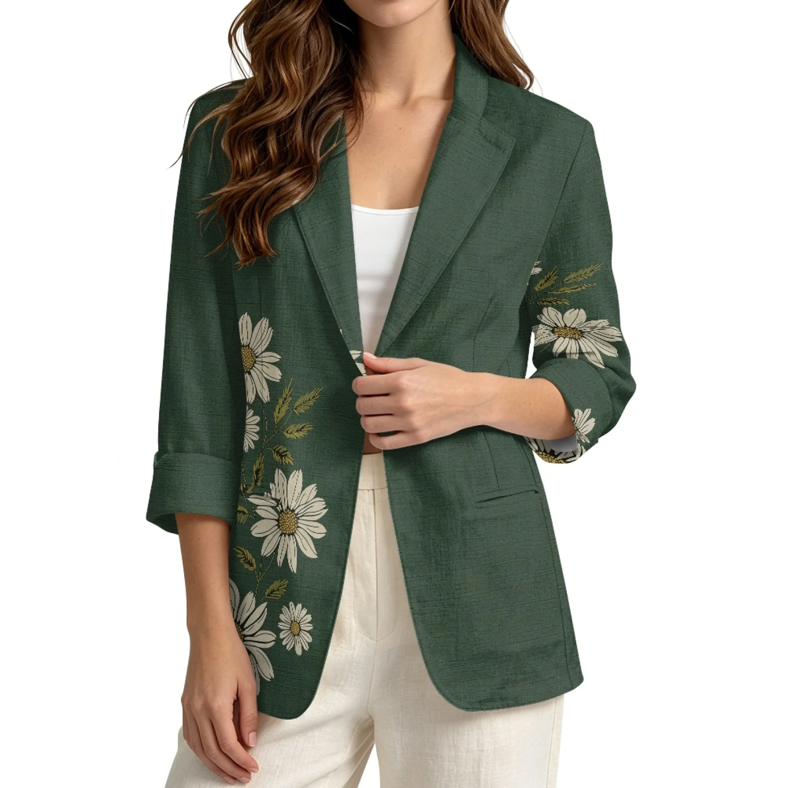 PENSTROLL Green Daisy Floral Linen Style Beach Cover Up for Work Loose Business Jacket Beach Coverups
