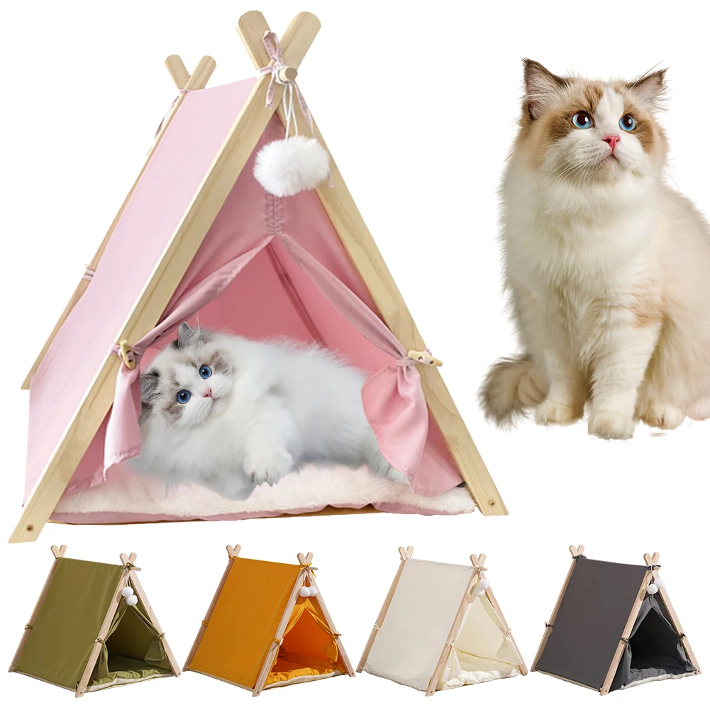 

Portable Pet House Cat Tent House Wooden Frame Oxford Fabric Wood Cat Dog Tent with Soft Cushion Portable Removable Dog House