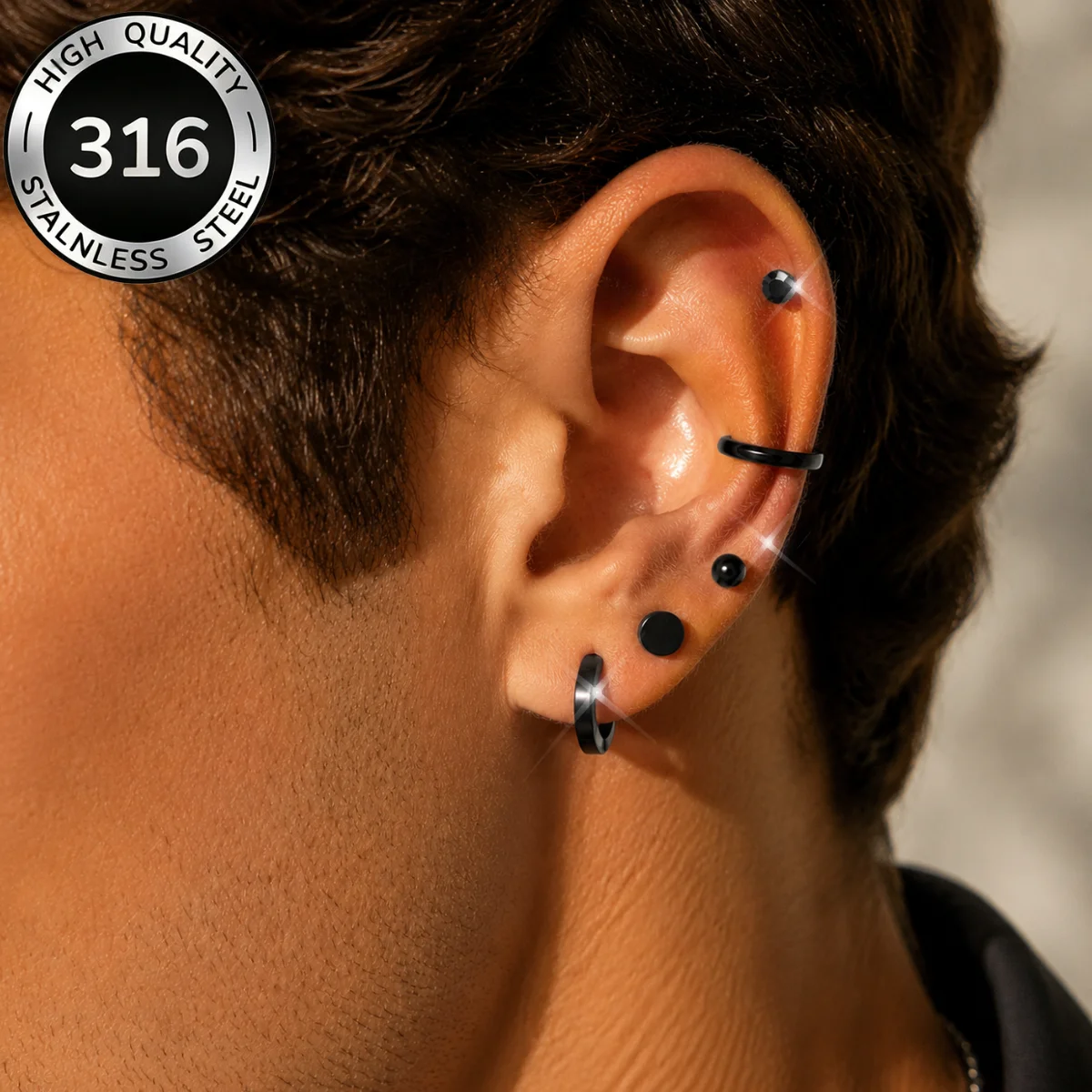 Stylish Men's 5pairs Earring Set Black/Silver Color Stainless Steel Studs Huggie Hoops Daily-wear Multi Types Unisex Jewelry