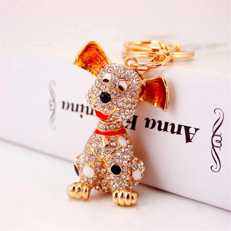 Cute Dalmatian Rhinestone Dog Keyring Alloy Metal Gold Color Animal Pet Keychain Handbag Purse Holder Jewelry llaveros