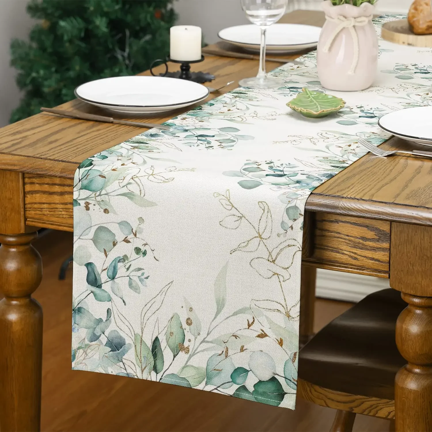 Spring Green Eucalyptus Leaves Linen Table Runner Holiday Party Decorations Washable Dining Tablecloth for Kitchen Room Decor