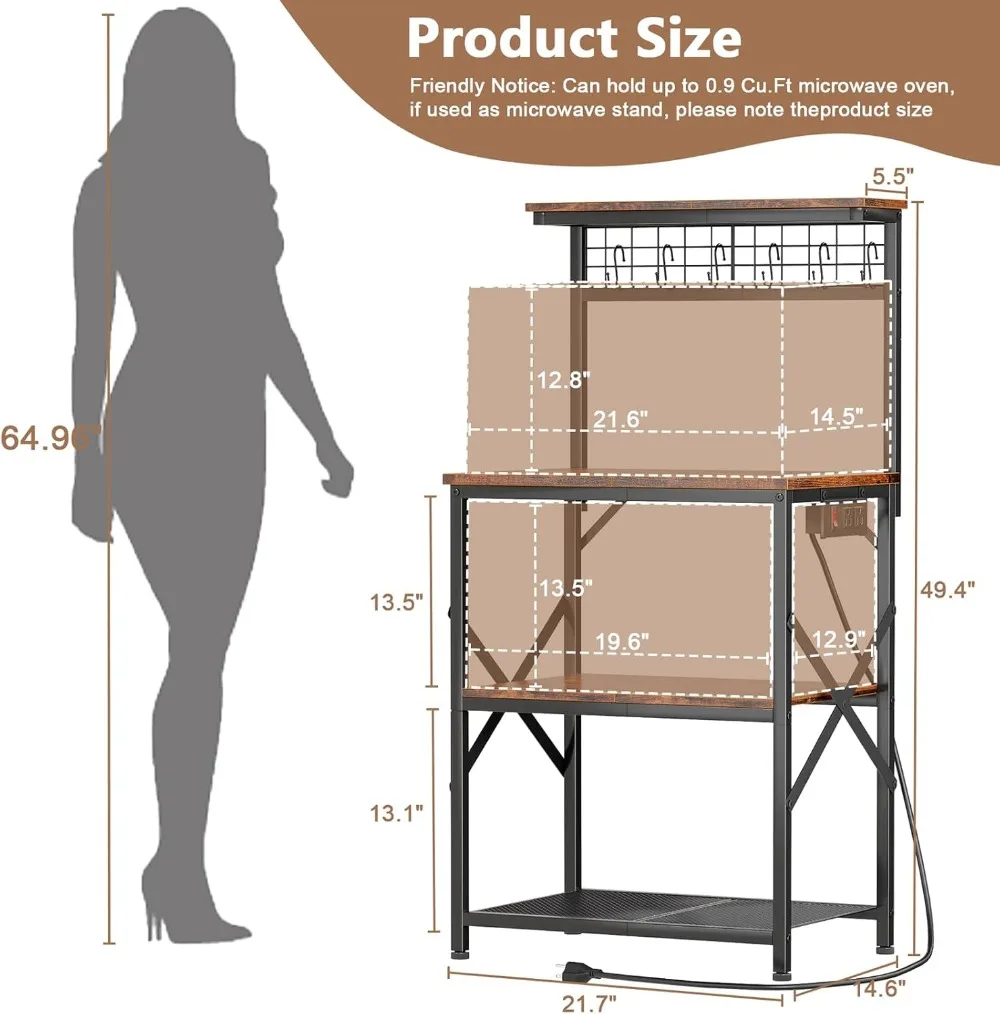 Kitchen Bakers Rack with Power Outlet, Microwave Stand, 4-Tier Storage, Coffee Bar Table, Rustic Brown