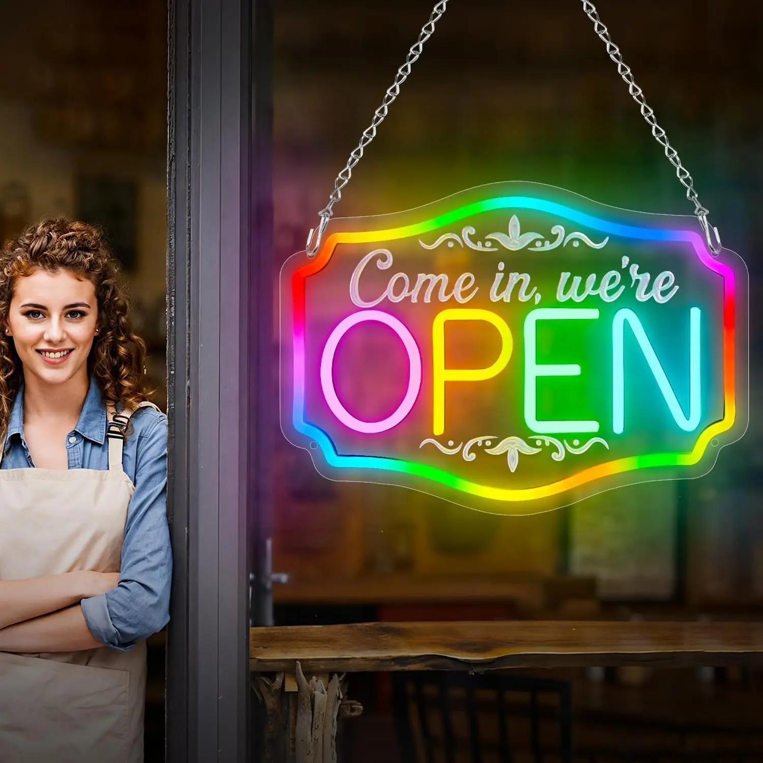 تعال فينا مفتوحة علامة النيون RGB نحت سطوع قابل للتعديل RGB علامات مفتوحة لواجهة متجر الفندق والمطعم