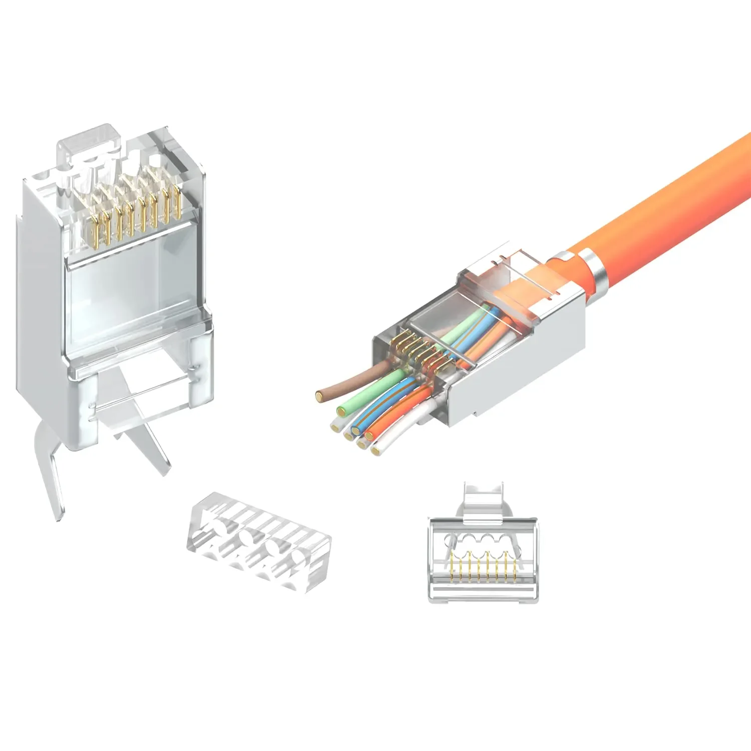 ZoeRax Cat7 Cat6A RJ45 doorvoerconnectoren, 3-polige 50μ vergulde modulaire stekker Ethernet-uiteinden met trekontlastingslaarzen