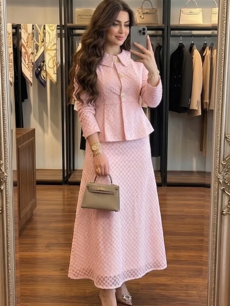 Fashion Two Piece Prom Dresses Women's High Collar Full Sleeve Evening Gown A-line Ankle Length Formal Party Dress Customzied