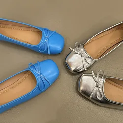 Kobiety Retro Gentle Bowknot Flat Shoes Fashion Elegant Blue Sliver Square Toe Slip on Spring Autumn Dress Loafer Casual Shoes