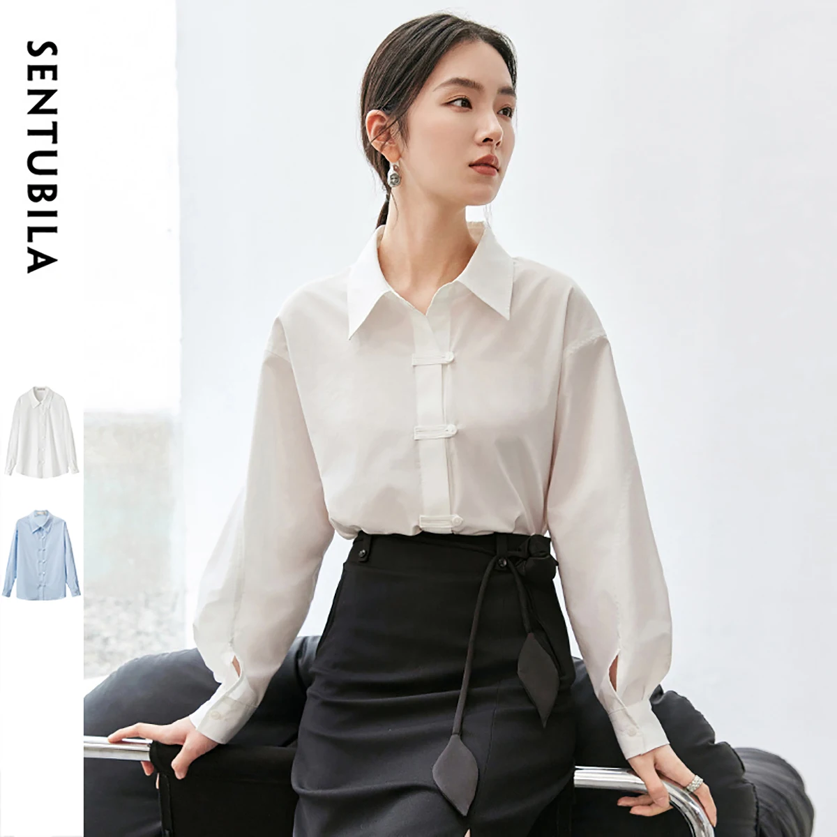 

SENTUBILA Women Casual Cotton Shirt 2025 Spring Long Sleeve Loose Office Lady Blouse Turn Down Collar Chic Female Top 143C55908