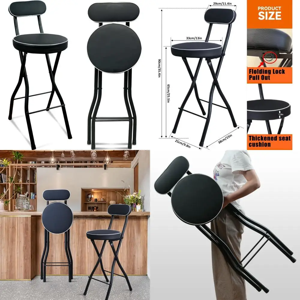 Folding Leather Padded Bar Stool with Backrest, Portable Counter Height Chair for Tall Stools