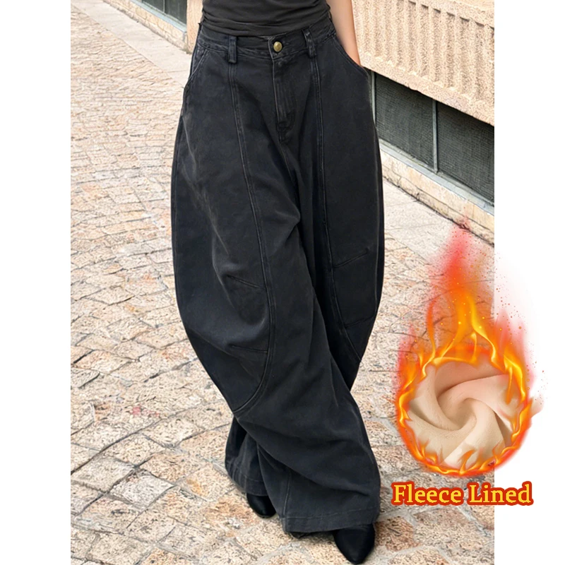 

PBAP женские флисовые мешковатые джинсы Cleanfit с большими карманами и низкой посадкой, широкие брюки для бойфренда, повседневная корейская уличная одежда