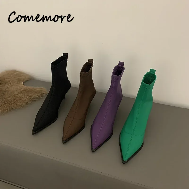 Comemore Ankle Boots Shoes Children 2024 Spring Autumn Shoe Heels Ladies Footwear Designer Slip On Satin High Heel Short Boot 39