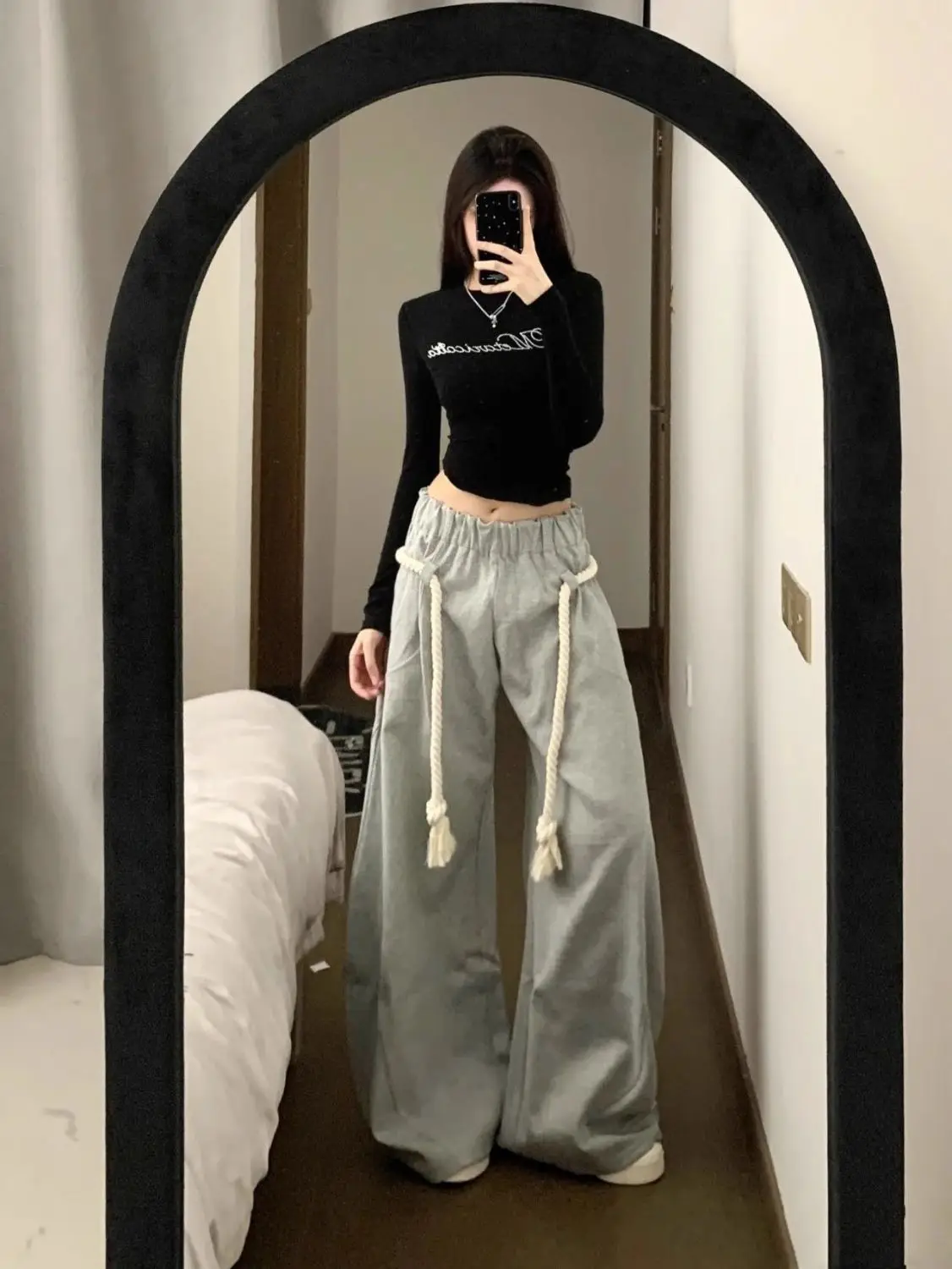 بنطال ذو قصة أرجل واسعة بنطلون نسائي شتوي مبطن بالصوف قطيفة بطبقة مزدوجة مريح بطانة لطيفة ملابس نوم مرنة الخصر Harajuku #4