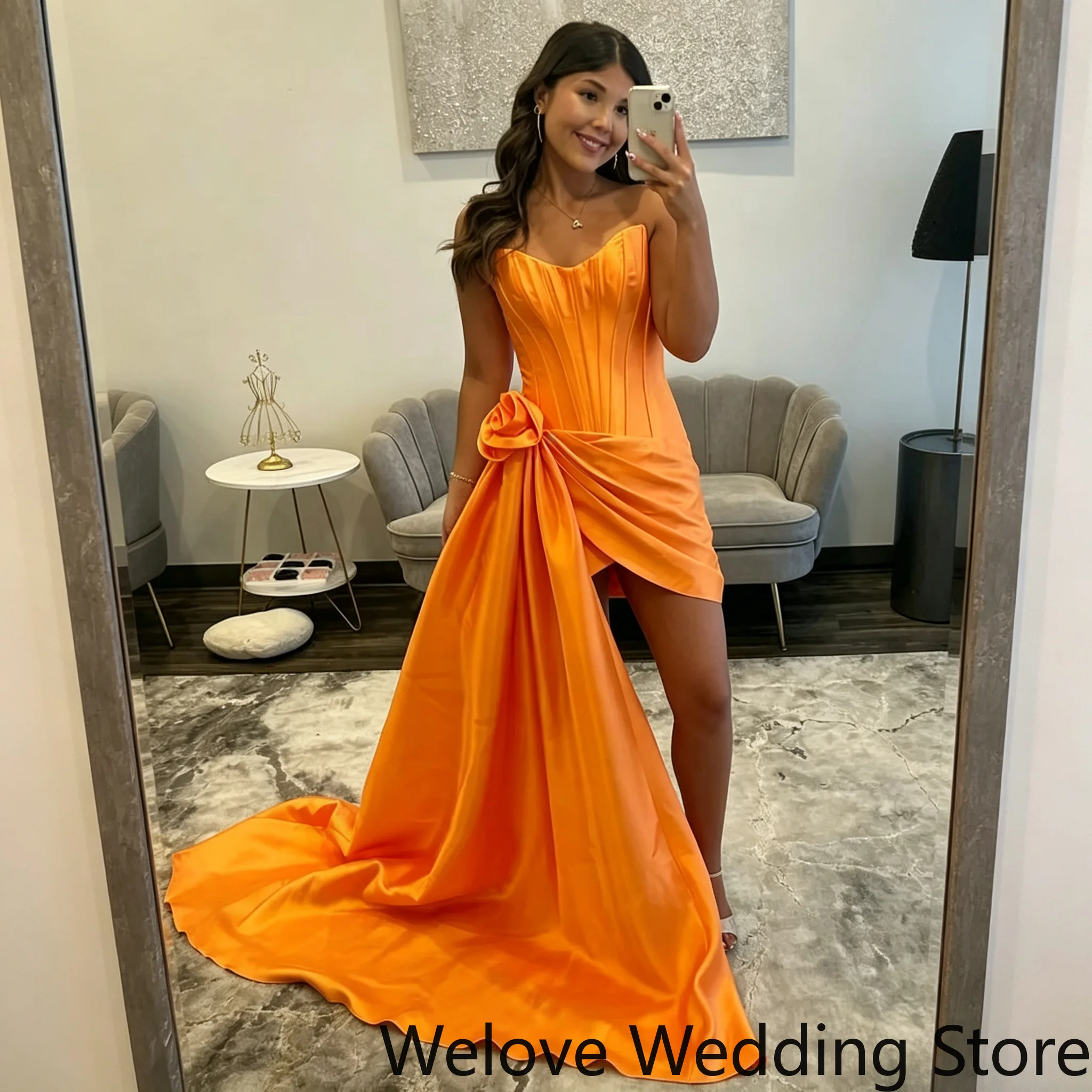 Orange Formal Dress Strapless Sweetheart Boned Corset Waist Twisted Flower Detail Asymmetrical High Low Skirt With Sweep Train