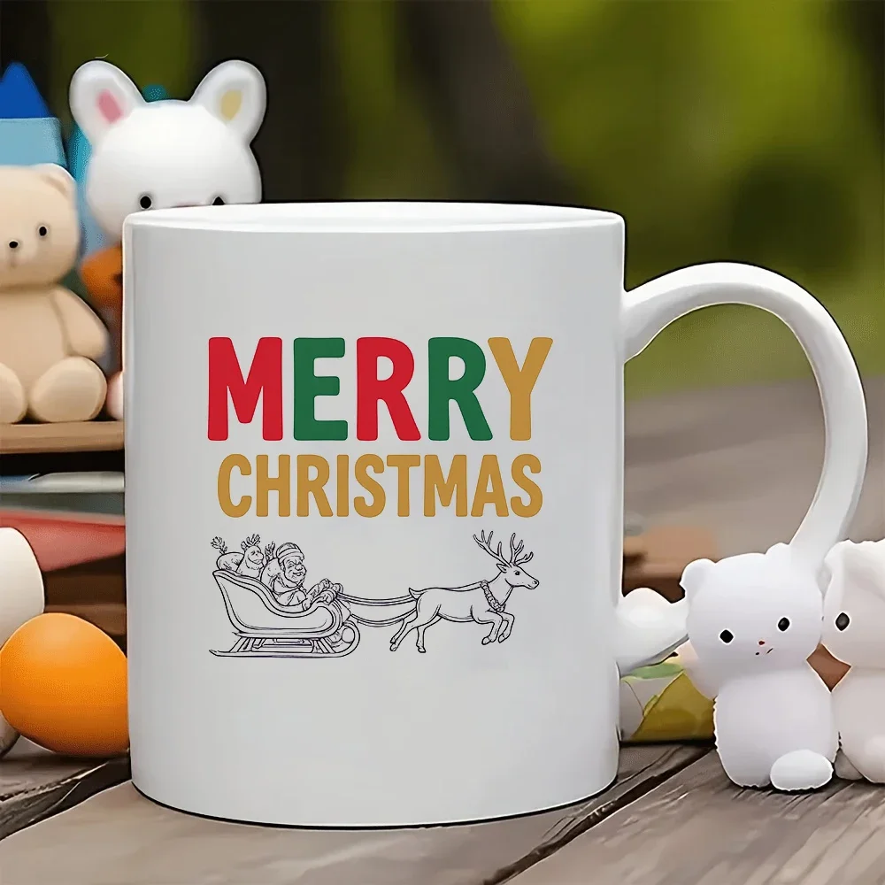 

11oz Mug + Christmas Themed Hand-Painted Cup + Merry Christmas Gradient Font Reindeer Sled Illustration Family Office Cup Gift