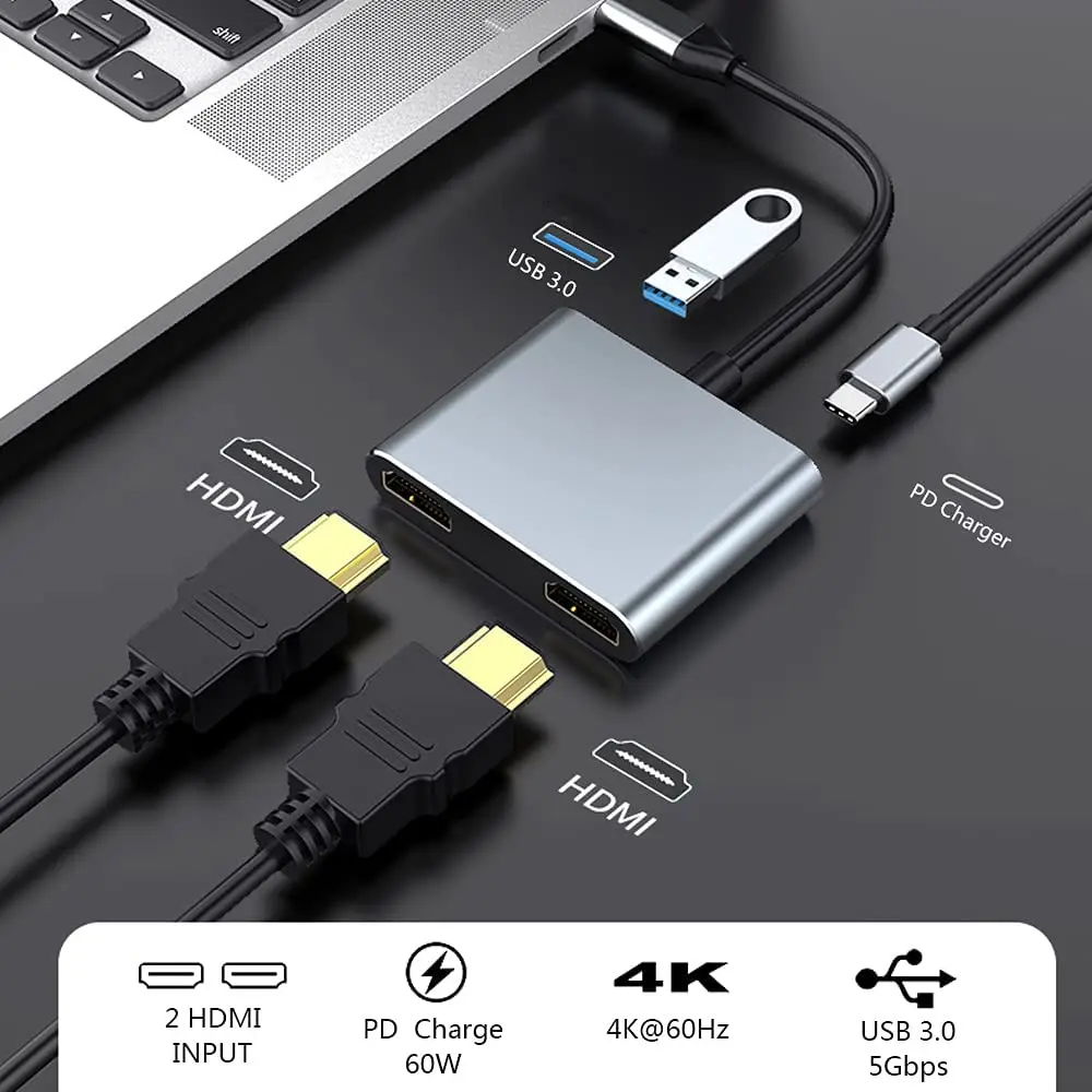 Laptop Extend Dual Screen Display Cellphone USB C Hubs Type C to Dual HDMI 4K HDTV USB3.0 PD Charge Docking Station For Macbook