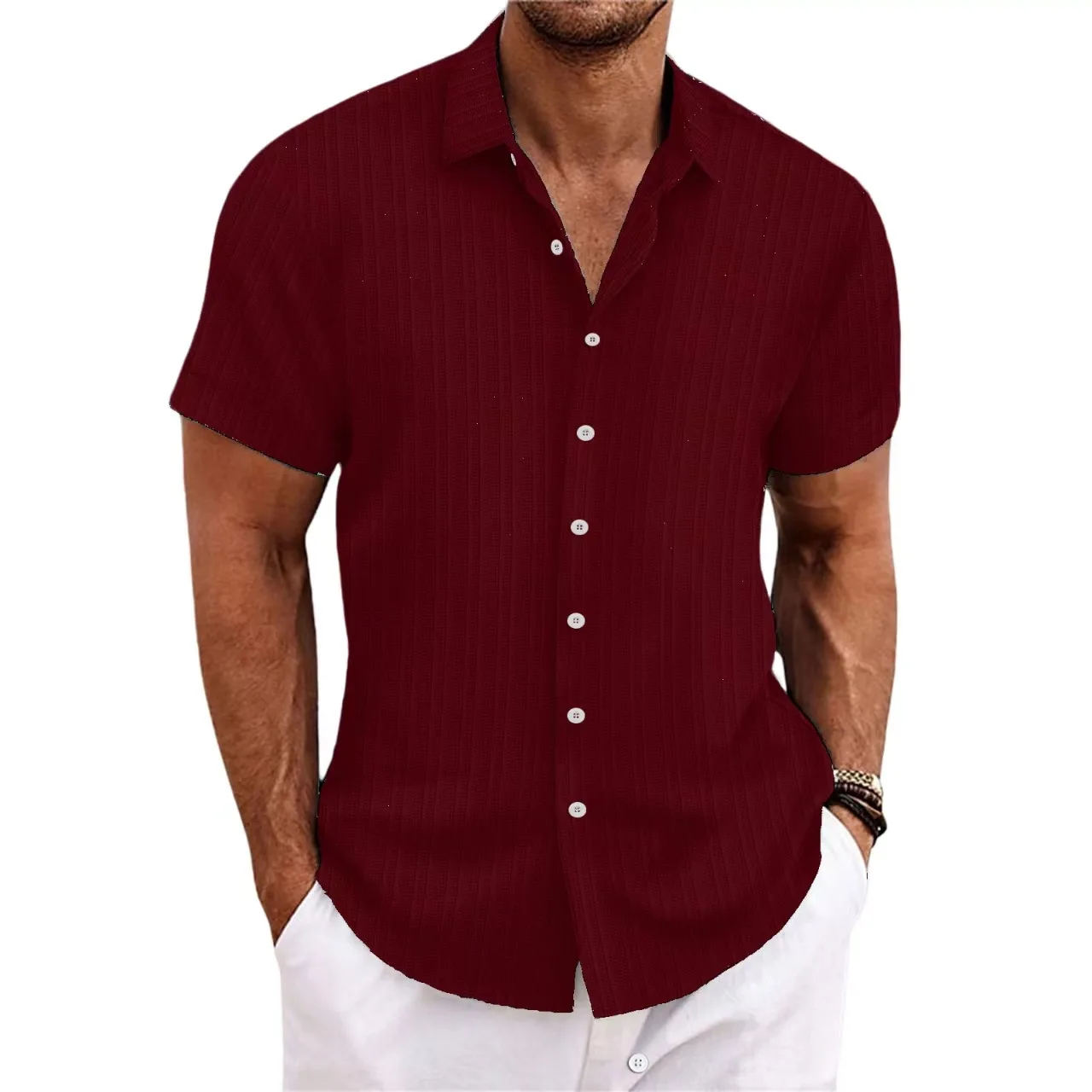 2023 Men\'s striped shirt Summer new short sleeve fashion comfortable solid color jacquard casual loose lapel button down shirt