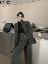 UNXX Half-body Skirt Gray Striped Oversize Two Pieces Suit New Lapel Long Sleeve Women Fashion Spring Autumn 2024 Office Lady