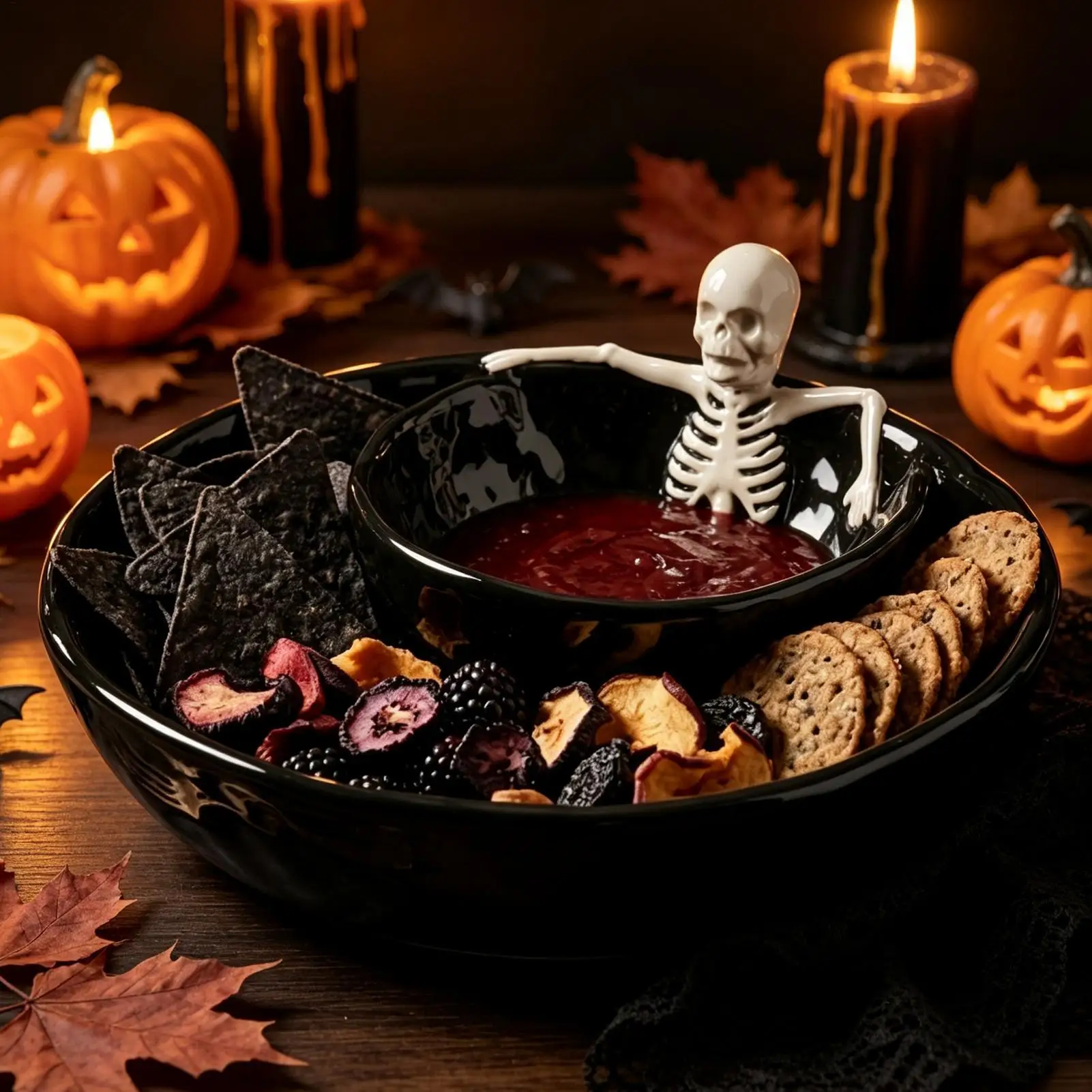 Halloween Double Layer Ceramic Skull Spooky Gothic Dish Dipping Bowls 8.5inch Salsa Serving Appetizer Bowls for Kitchen Entryway