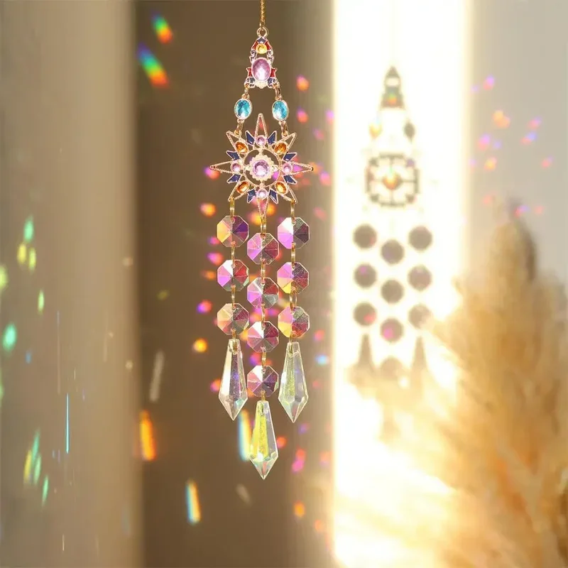 Colorful Crystal Suncatcher Window Hanging Ornament, Rhinestone Star Metal Frame Prism Sun Catcher, Rainbow Light Pendant Decor