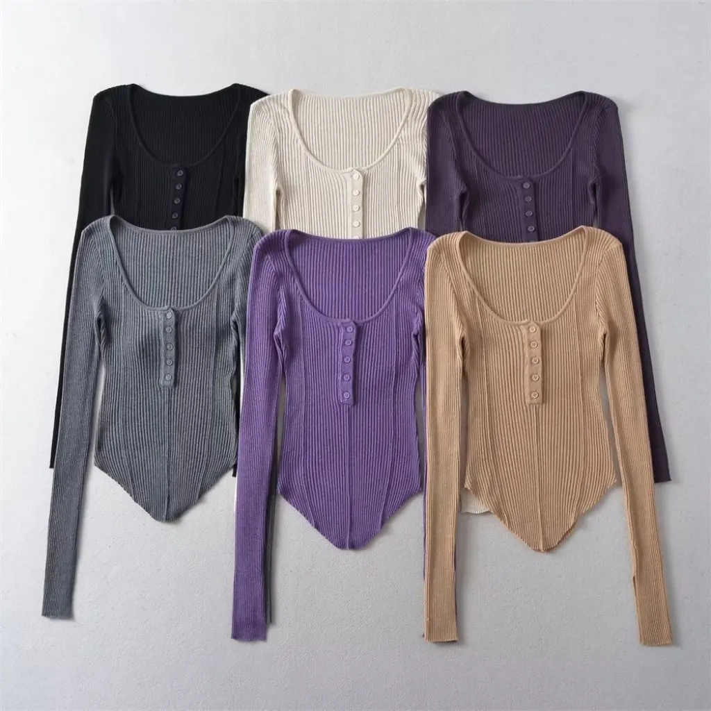 

YPFF женская футболка с круглым вырезом и длинными рукавами, приталенный короткий свитер, модный топ с изогнутым краем и квадратным воротником, длина до пупка