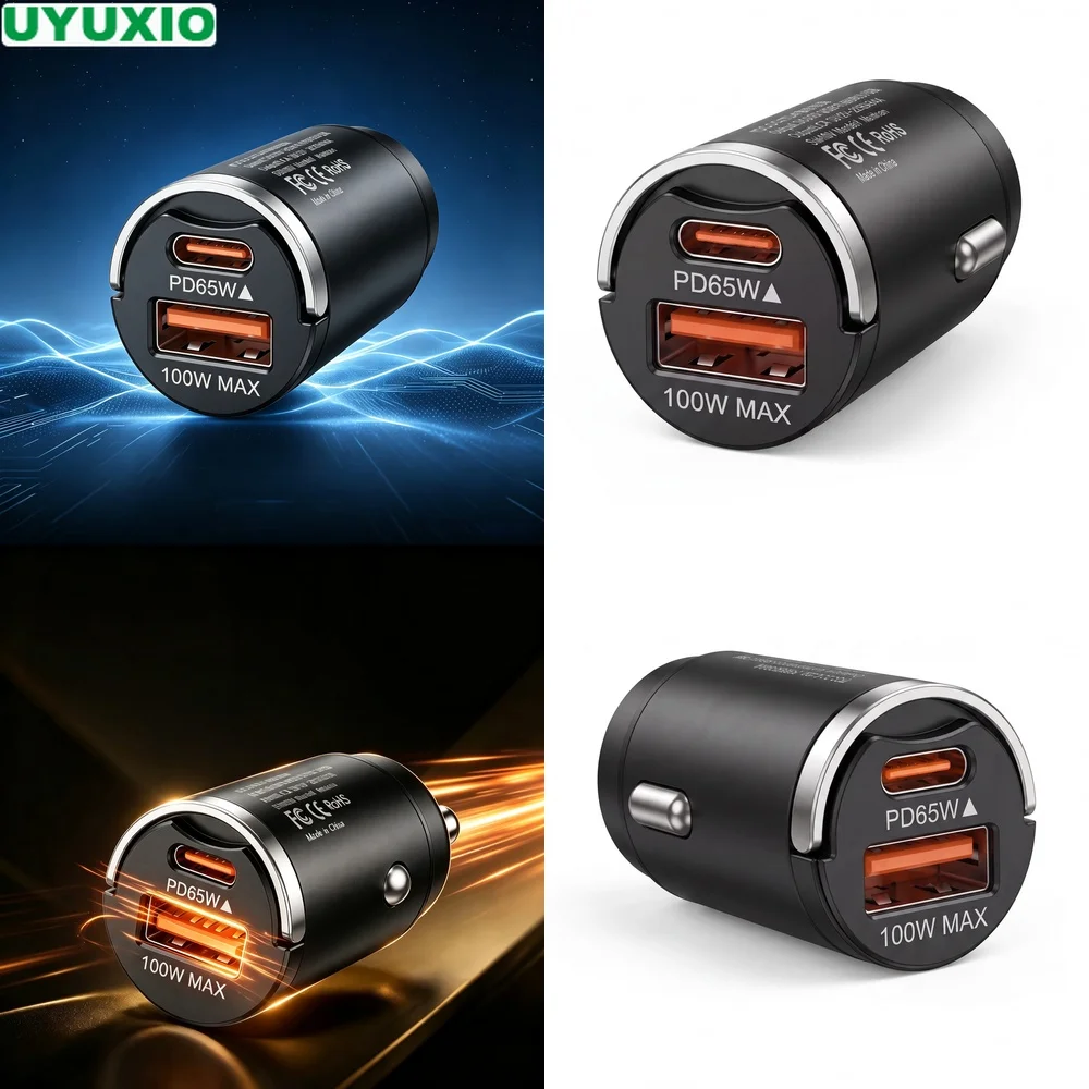 165W Mini Dual Port Car Charger with 65W USB C and 100W USB A Outputs Low Profile Zinc Alloy Design for Multiple Mobile Devices