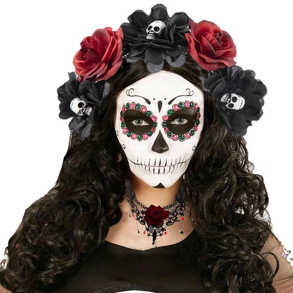 Retro Spider Skull Halloween Headpiece Party Costume Hair Accessories Mexican Rose Flower Crown Flower Headbands for Women