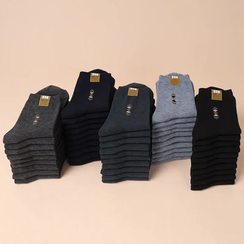 5 Pasang/Lot Kaus Kaki Pria Tebal Modis Empat Musim Santai Bernapas Deodoran Kaus Kaki Katun Setengah Betis Berkualitas Tinggi EU 38-44