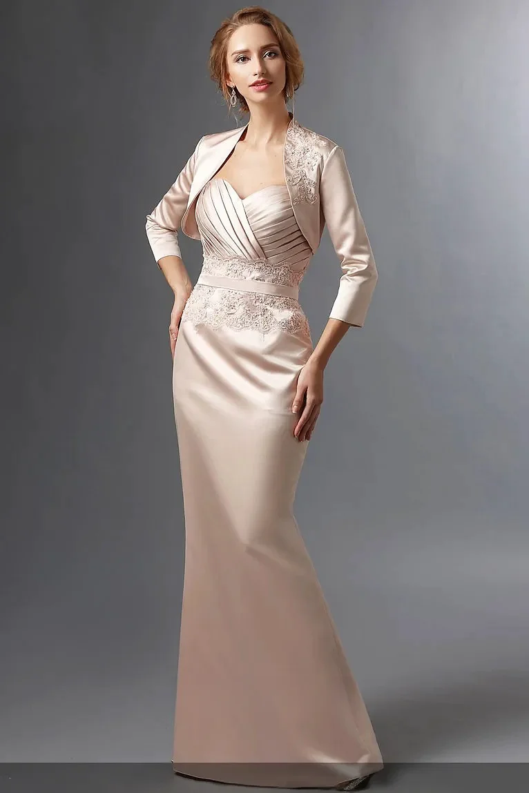 

Champagne Soft Satin Celebrity Dresses 3/4 Sleeve Jacket Sweetheart Neckline pleated Formal Party Prom Mother of the Bride Gowns