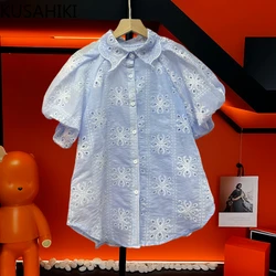 KUSAHIKI Korean 2024 Summer New Turm-down Collar Puff Sleeves Women's Top Fashion Hollo-out Sweet Blouse Shirt Camisas De Mujer