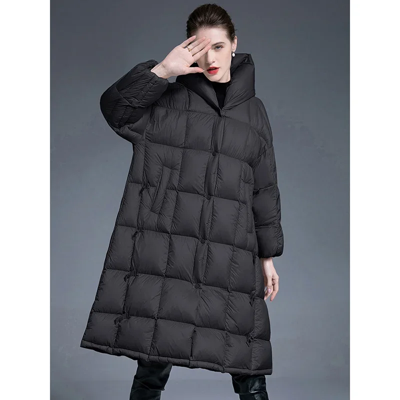 Doudoune à Capuche Épaisse pour Femme, Doudoune Mi-Longue, Combinaison Au-dessus du Genou, Parkas A-Line Ajustables, Blanc Canard, Hiver 2024