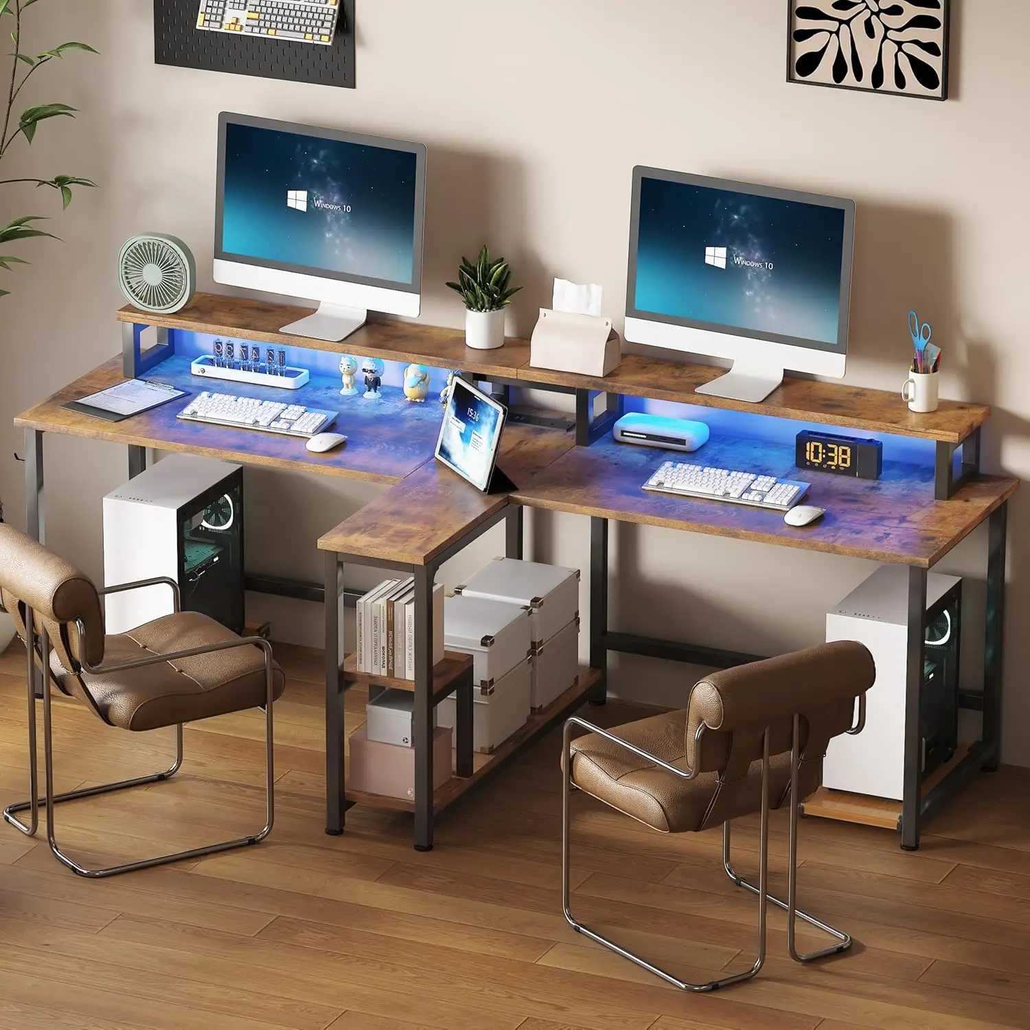 Two Person Desk with LED Lights & Power Outlet, 83.7