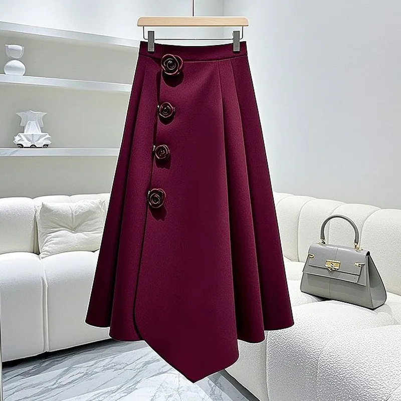 French Ankela Red Irregular Women's Half length Skirt 2024 Autumn/Winter High Waist Rose Design Sense A-line Skirt