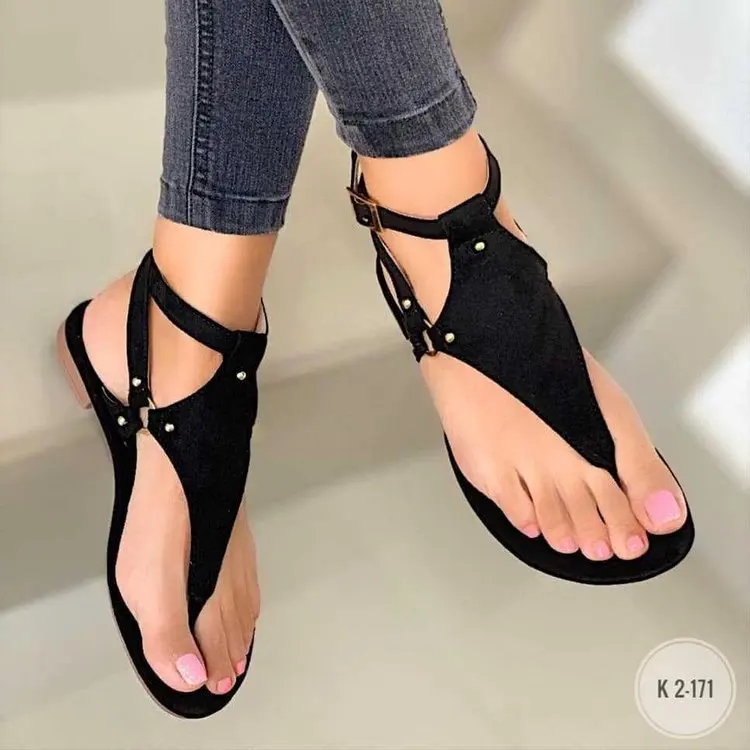 Style Flat Sandals For Women Solid Leather Clamping Toe Buckle Plus Size Soft Bottom Beach Shoes 샌들