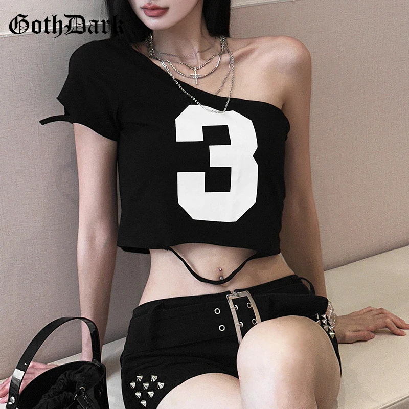 

Goth Dark Summer Streetwear Hotsweet One Shoulder Print Crop Tops Punk Gothic Irregular Women T-shirts Basic Casual Tees Shirt