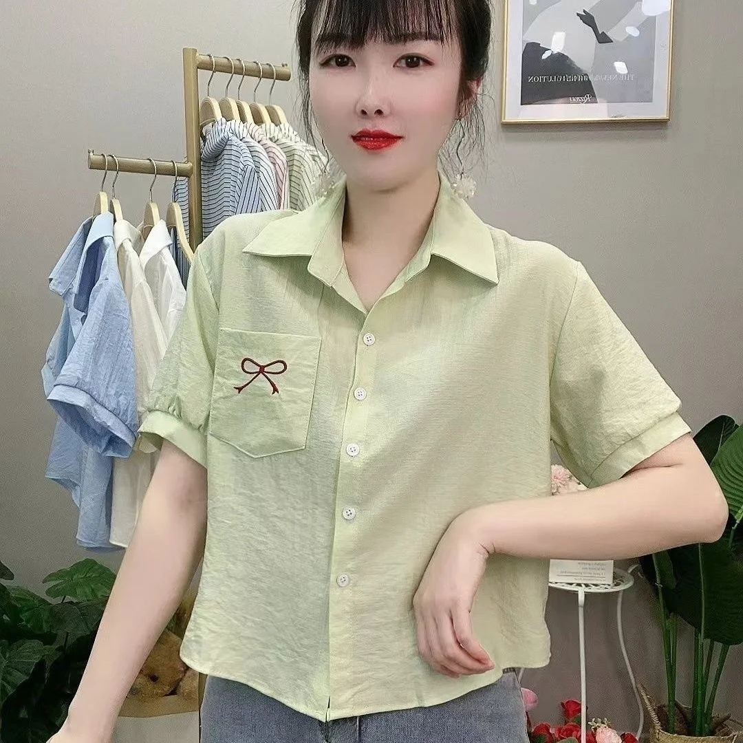

Elegant Knot Embroidered Short Sleeve Women's Shirt Korean Style Slimming Fashionable Summer New Salt System Top