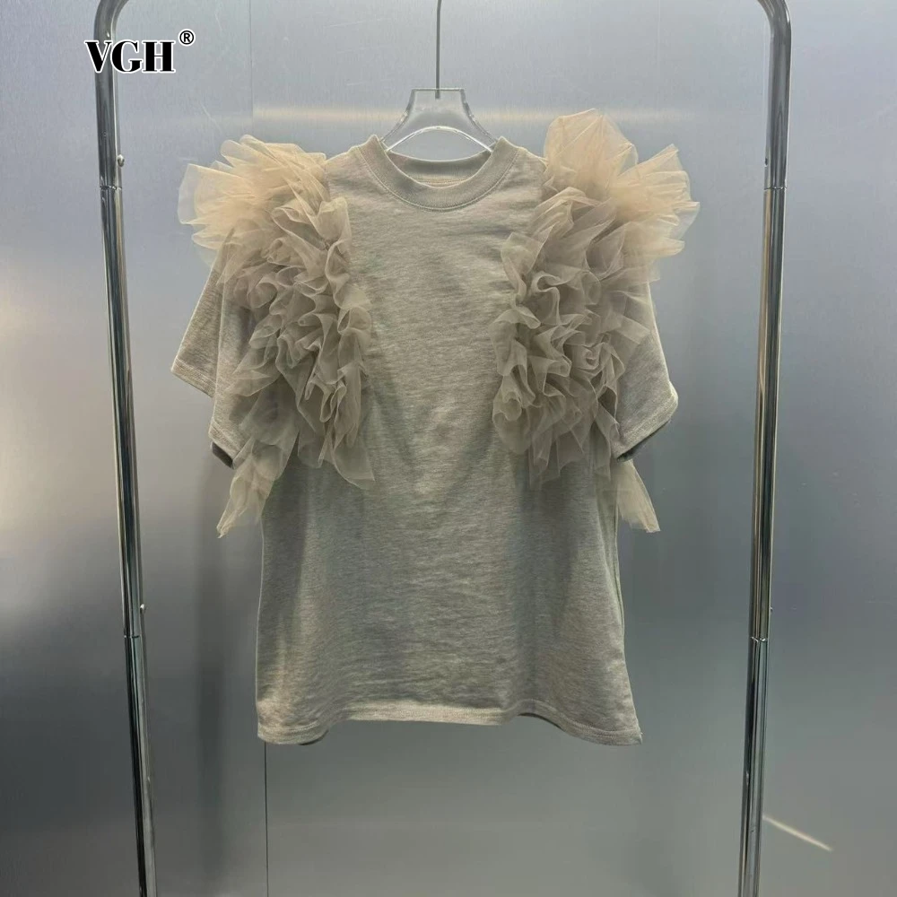 

VGH Sweet Spliced Folds Mash Design T Shirt for Women Round Neck Short Sleeves Solid Color T Shirt Female Summer Fashion Trendy