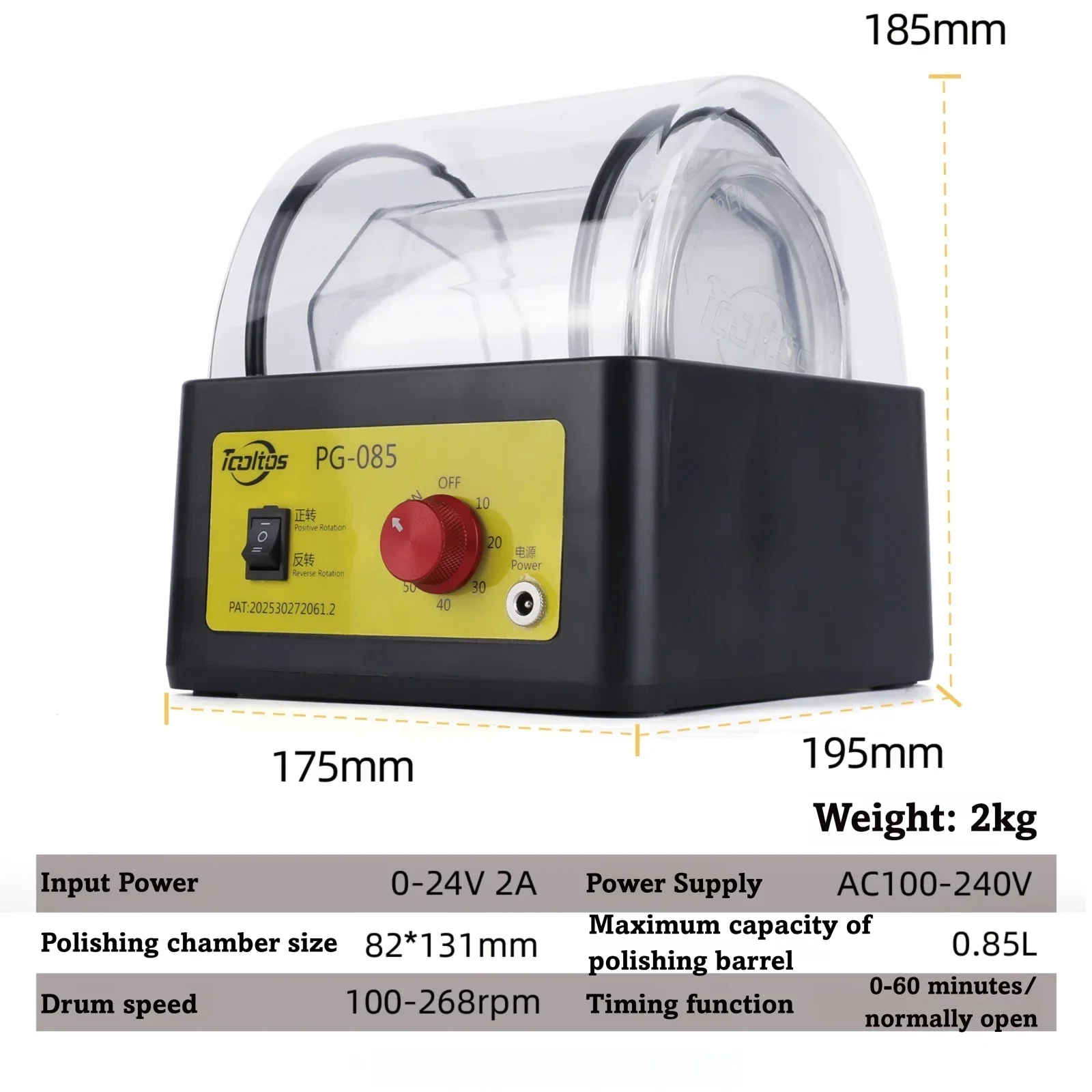 110V Min Rotary Tumbler Polisher 3pcs/Kit Jewelry Polishing Machine PG-085 100-268rpm Adjustable Speed Metal Jewelry Rotation Barrel Polisher 0.85L Capacity Small Jewelry Polishing Tools Equipment