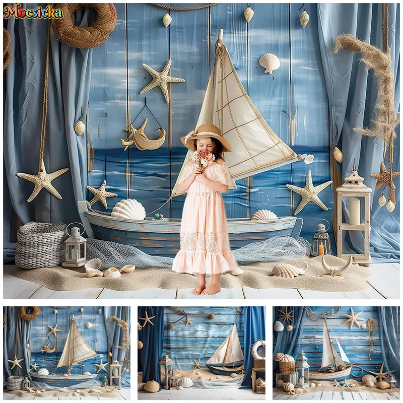 

Mocsicka Summer Photography Backdrop Birthday Party Sailboat Beach Background Kids Portraits Cake Smash Photo Banner Studio Prop