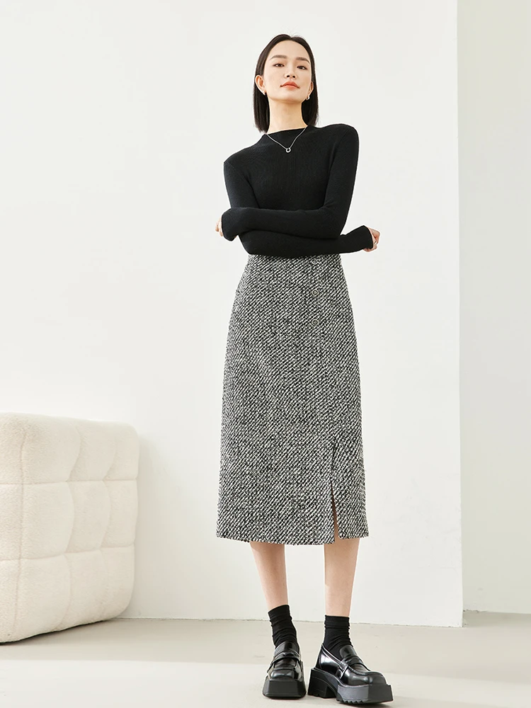 Vimly French Style Wool Blend Black Striped Skirts 2023 Winter Quilted Thick Elastic Waist  A-line Split Midi Skirt Female M3922