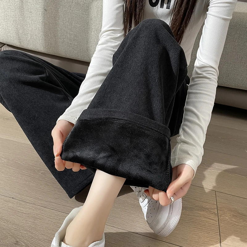 Corduroy Pants Women Fashion Thick Warm Trousers Winter Basic Lace-Up Soft Casual Female Wide-Leg Sweatpants