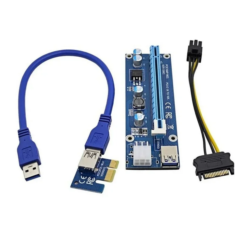 بطاقة PCI-E 1X إلى 16X Riser، USB 3.0، كابل طاقة PCI-E SATA إلى 6Pin لمنجم تعدين البيتكوين