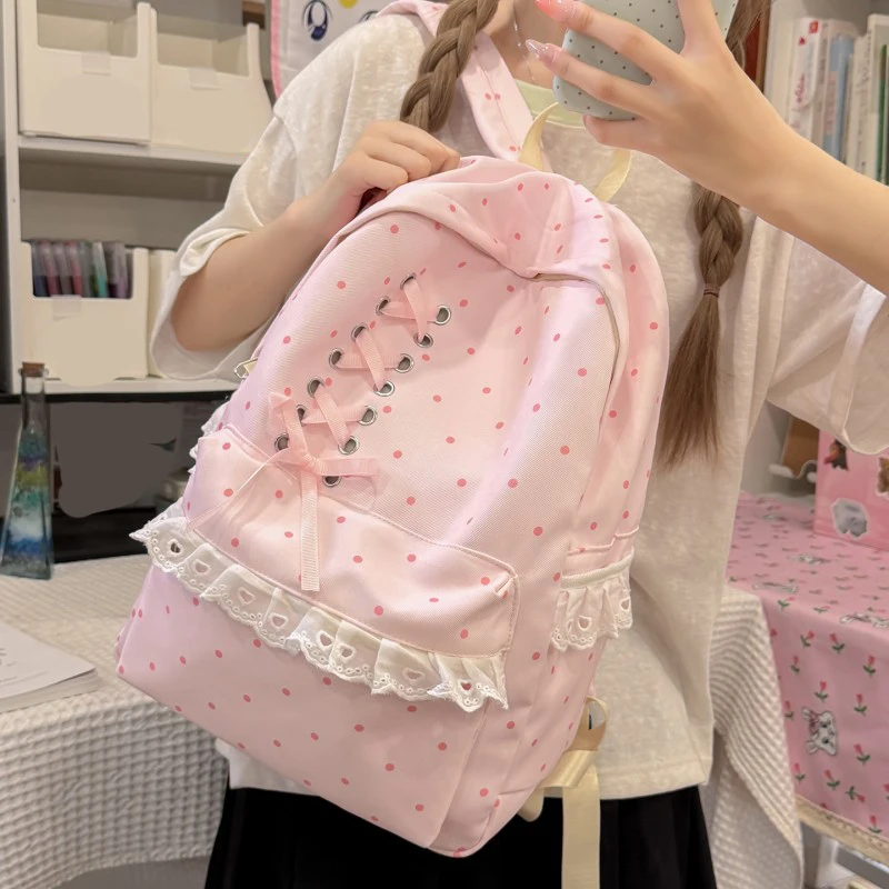 Women Polka Dot Lace Backpack Large Capacity Trendy Dot Pattern Bag Multi Pockets Bowknot Daypack Travel Carrying Package