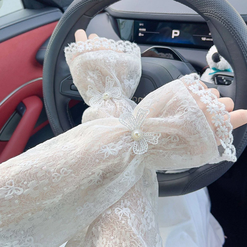 New Summer Style Lace Sun Protection Arm Sleeves, Sweet Bow Arm Protectors, Driving UV Protection Ice Silk Arm Sleeves