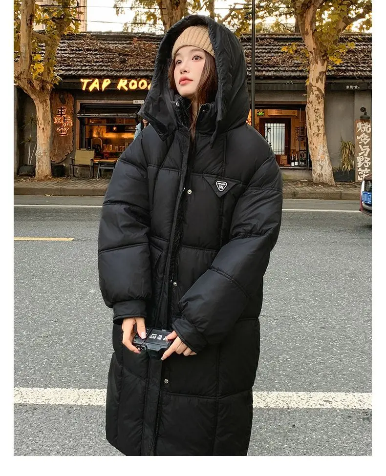 Winter Ladies Long Hooded Cotton Coat Loose Thicken Warm Over Knee Puffer Jacket Casual Solid Black Women Outerwear Streetwear