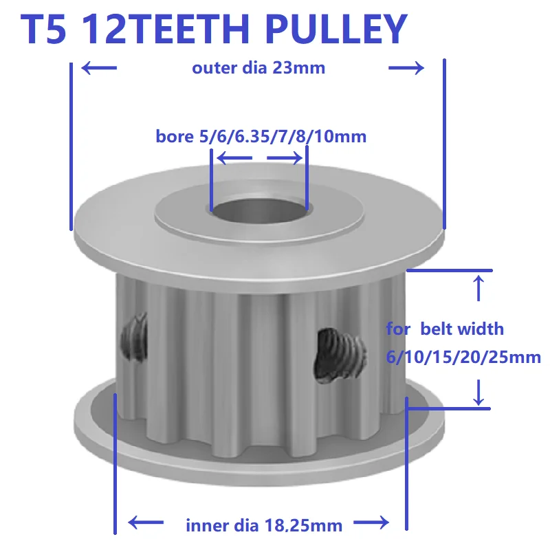 T5 12Teeth Belt Pulley Synchronous Wheel Timing Belt Width 10/15/20/25mm Bore Hole 5/6/8 Belt Pulley Machine Parts