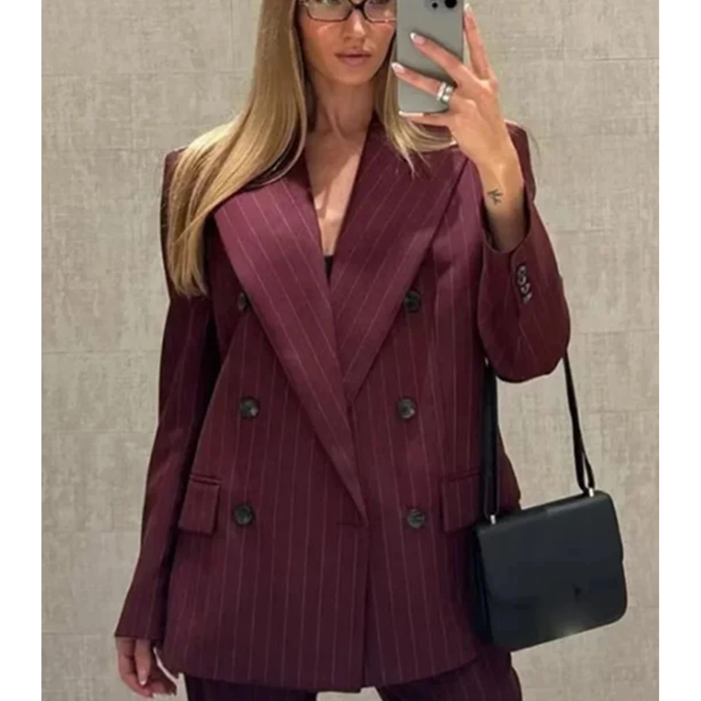 الخريف الشتاء المرأة طويلة Sve بدوره إلى أسفل طوق مخطط مزدوجة الصدر أزرار متعددة دعوى Jaet عادية مستقيم الساق P... #3