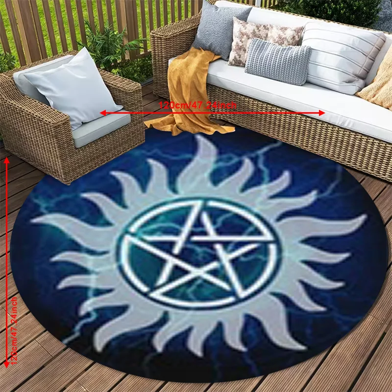 Pentagram Sun Lightning Fantasy Round Rug Blue Glow Flannel Carpet Witchy Decor For Game Room Meditation SpaceOccultThemed Floor