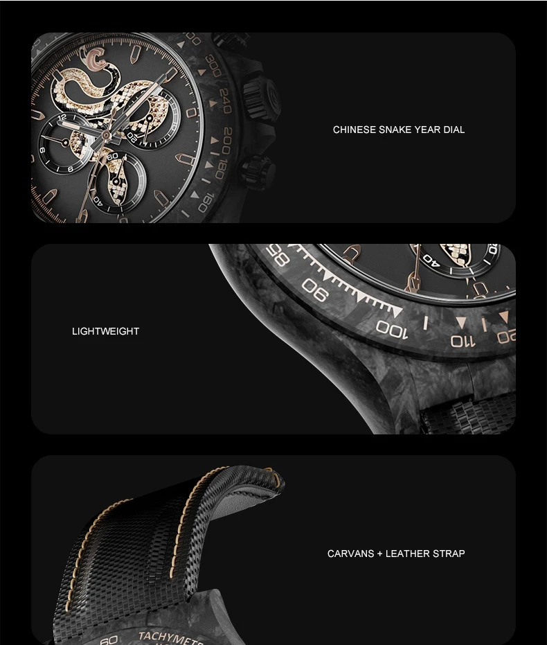 CRONUSART Men นาฬิกาโครโนกราฟคาร์บอนไฟเบอร์ 40 มม.นาฬิกาข้อมือกลไกอัตโนมัติ Luminous Canvas สายหนัง Snake Dial