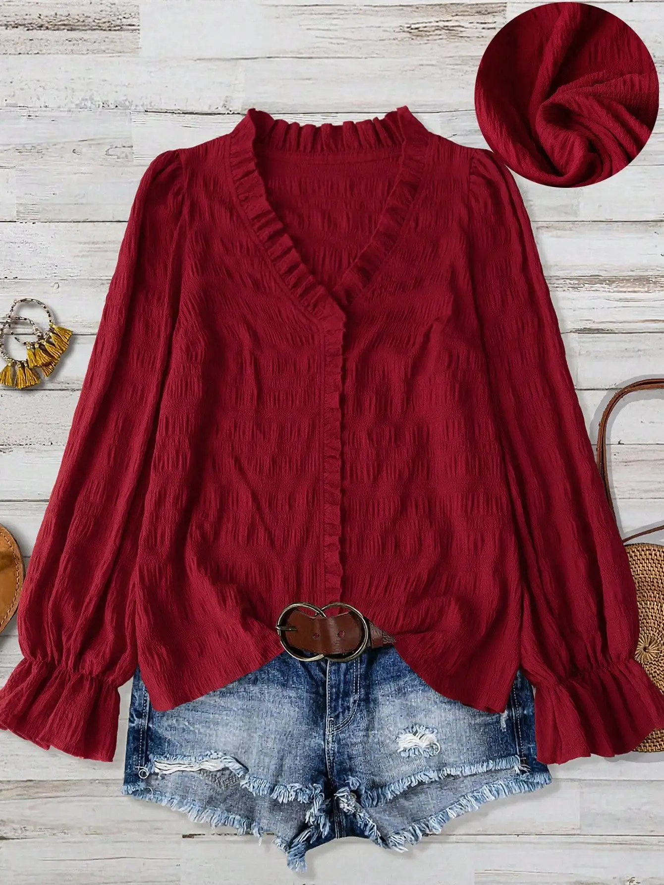 

Plus Size Women's Red Textured V-Neck Ruffle Long Sleeve Loose Top