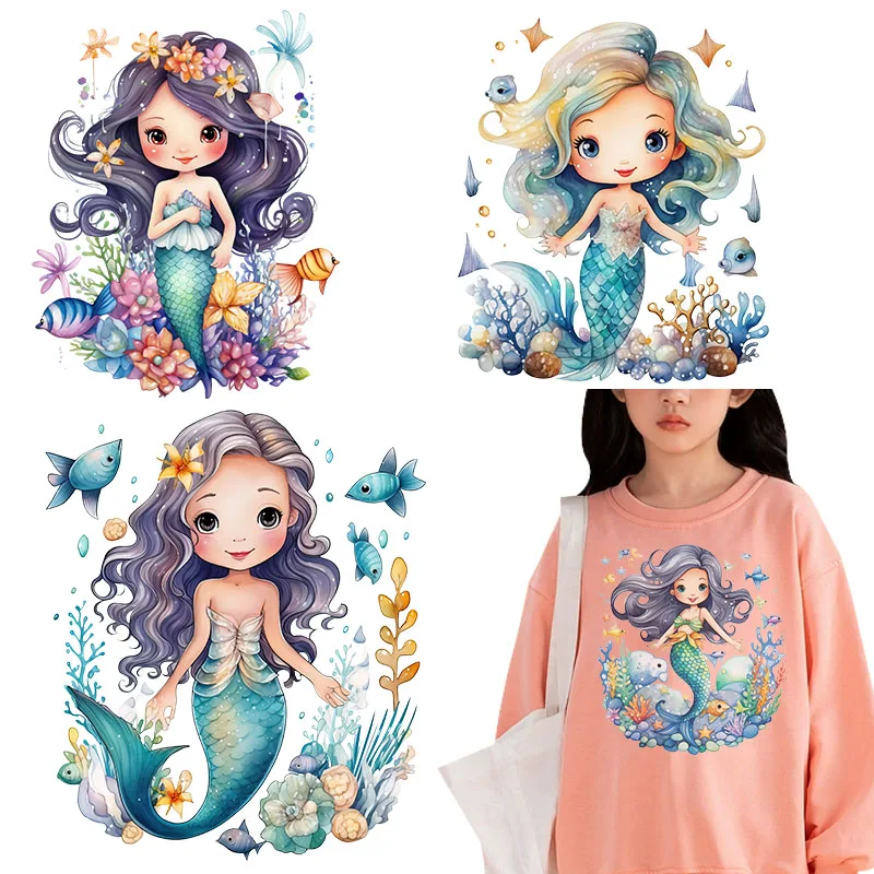 Underwater World Mermaid children Heat Transfer Printing iron on patches for clothes dtf transfers ready to press