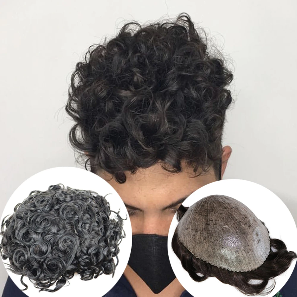 Soft Hair 24mm Curly Men Toupee Durable Thin Skin Full Pu Base Male Human Hair Prosthesis System Natural Hairline For Black Men